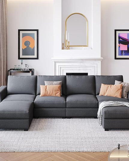 130.7" Large Sectional Sofa with Removable Ottomans, 3-Pieces Modular Upholstered Couch w/Double Chaise Lounges for Living Room Apartment Home,Spacious Space, 130.7 Inch, Gray - LeafyLoom