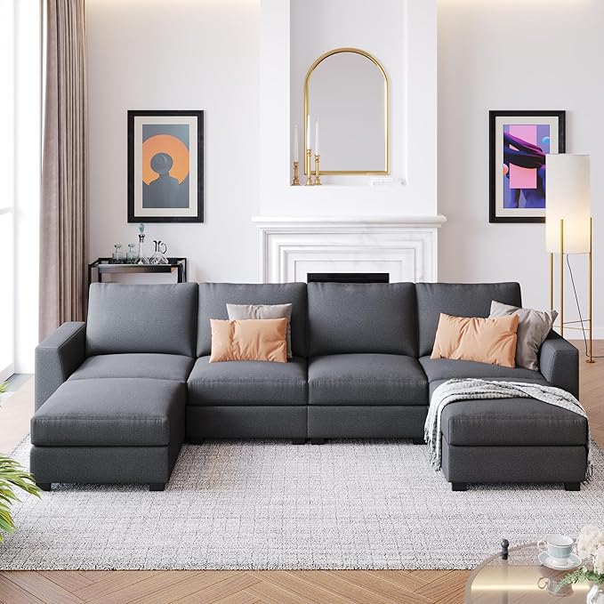 130.7" Large Sectional Sofa with Removable Ottomans, 3-Pieces Modular Upholstered Couch w/Double Chaise Lounges for Living Room Apartment Home,Spacious Space, 130.7 Inch, Gray - LeafyLoom
