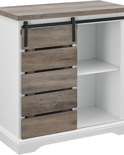 Walker Edison Willa Modern Farmhouse Sliding Single Slat Door Storage Console, 32 Inch, White and Grey Wash - LeafyLoom