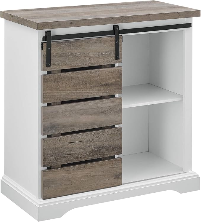 Walker Edison Willa Modern Farmhouse Sliding Single Slat Door Storage Console, 32 Inch, White and Grey Wash - LeafyLoom