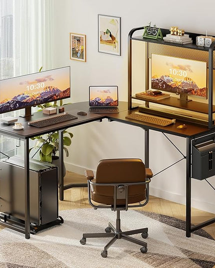 Small L Shaped Gaming Desk with Power Outlets, Corner Gaming Desk with LED Light, Reversible L-Shaped Desk with Monitor Stand & Hutch, L Shaped Desk Home Office Desk with Storage Bag, Black - LeafyLoom