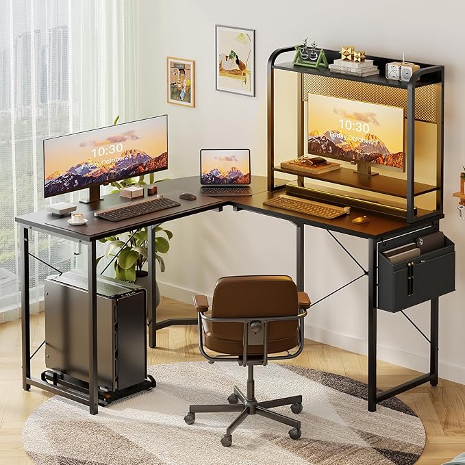 Small L Shaped Gaming Desk with Power Outlets, Corner Gaming Desk with LED Light, Reversible L-Shaped Desk with Monitor Stand & Hutch, L Shaped Desk Home Office Desk with Storage Bag, Black - LeafyLoom