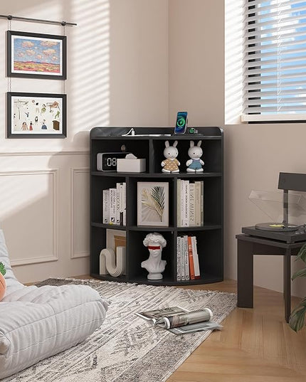 Vecelo 3-Tier Corner Cabinet with USB Outlet, 8 Cubbies Wooden Cube Storage Organizer, Corner Bookshelf Units for Playroom, Bedroom, Living Room, Black - LeafyLoom