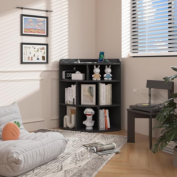 Vecelo 3-Tier Corner Cabinet with USB Outlet, 8 Cubbies Wooden Cube Storage Organizer, Corner Bookshelf Units for Playroom, Bedroom, Living Room, Black - LeafyLoom