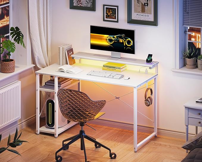 MOTPK White Desk with Led Lights & Power Outlet, 40 Inch Small Computer Desk with Shelves, Reversible Kids Desk with Adjustable Monitor Stand & Headphone Hook, Work Desk for Home Office - LeafyLoom