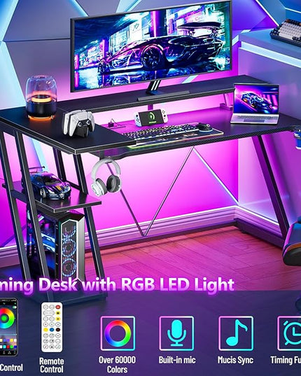 Computer Gaming Desk with Power Outlet & LED Lights, 55 Inch L Shaped Gamer Table with Storage Shelves for Bedroom, Reversible Corner Home Office Desk, Carbon Fiber Black - LeafyLoom