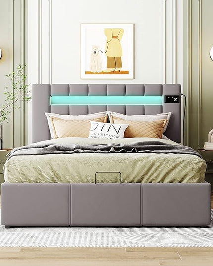 Upholstered Bed Full Size with LED light, Lift Up Storage with Bed Bluetooth Player and USB Charging, Hydraulic Storage Bed with Sturdy Slat Support, Velvet Fabric Bedframe for Kids, Adults - LeafyLoom