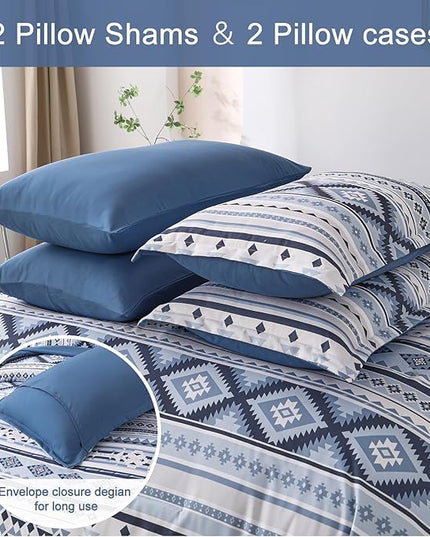 Dinjoy Blue Comforter Set Queen Size, Western Bedding Sets Queen 7 Pieces Bed in a Bag Geometric Striped Comforters with Sheets Aztec Patchwork Complete Set for All Seasons 90"x90" - LeafyLoom