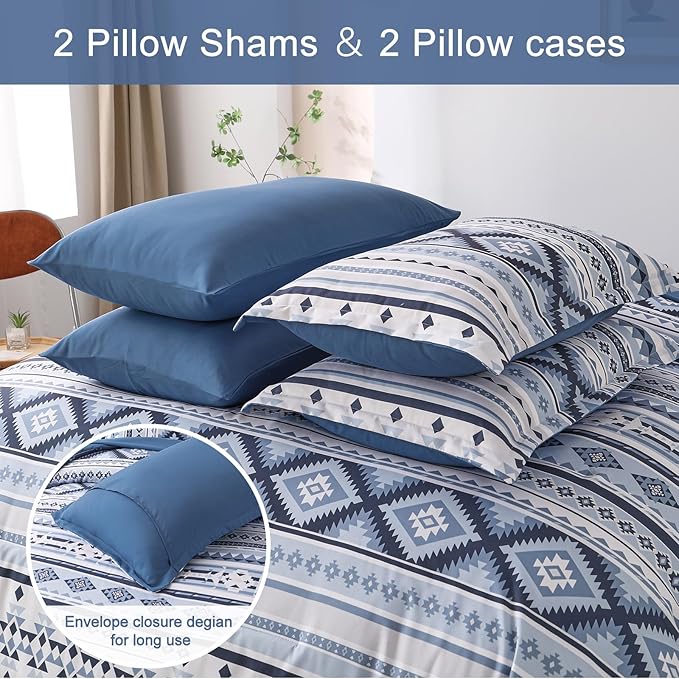 Dinjoy Blue Comforter Set Queen Size, Western Bedding Sets Queen 7 Pieces Bed in a Bag Geometric Striped Comforters with Sheets Aztec Patchwork Complete Set for All Seasons 90"x90" - LeafyLoom