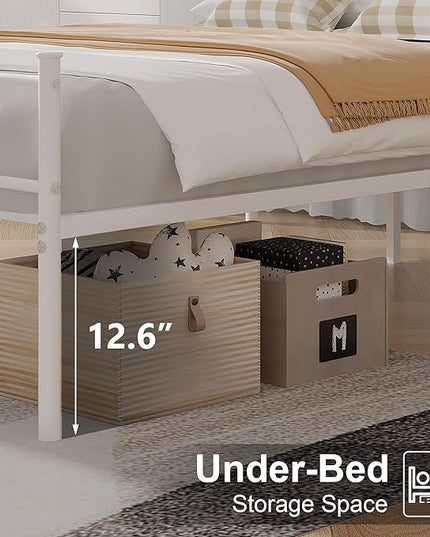 VECELO Queen Size Bed Frame with Headboard, 14 Inch Metal Platform Mattress Foundation, No Box Spring Needed, Squeak Resistant, Easy Assembly, White - LeafyLoom