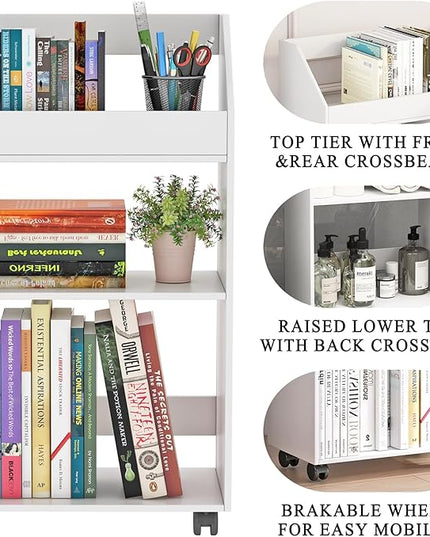 3-Tier Mobile Bookshelf, White Bookcase with Wheels, Rolling File Holder Desk File Book Organizer for Home Office Living Room School - LeafyLoom