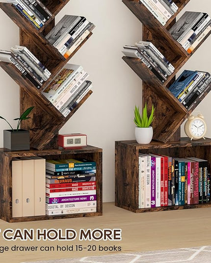 6 Tier Tree Bookshelf, Sturdy Retro Floor Standing Wood Bookcase, Storage Rack for Home Office, Living Room, Bedroom, Reading Spot, Heavy Book Organizer Shelves for CDs/DVDs/Movies - LeafyLoom