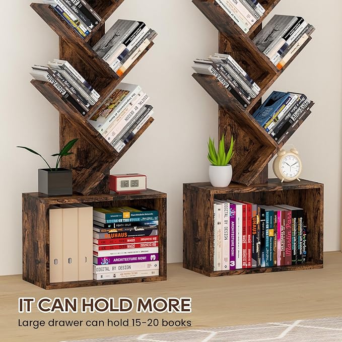 6 Tier Tree Bookshelf, Sturdy Retro Floor Standing Wood Bookcase, Storage Rack for Home Office, Living Room, Bedroom, Reading Spot, Heavy Book Organizer Shelves for CDs/DVDs/Movies - LeafyLoom