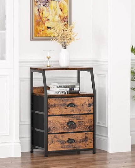 Furnulem Nightstand with 3 Drawers and 2-Tier Shelf, Fabric Small Dresser Organizer Vertical Storage Tower for Bedroom, Closet, Hallway, Nursery, End Table Side Furniture, Sturdy Steel Frame, Wood Top - LeafyLoom
