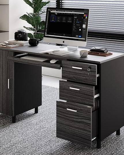 Modern Design By Crafts & comfort Venice Computer Desk - Office Desk with 3 Drawers & CPU Storage Cabinet - Laptop Workstation with Keyboard Tray & Cable Hole - Home & Office Supplies -Slate/Black - LeafyLoom