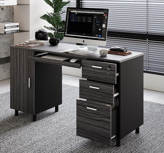 Modern Design By Crafts & comfort Venice Computer Desk - Office Desk with 3 Drawers & CPU Storage Cabinet - Laptop Workstation with Keyboard Tray & Cable Hole - Home & Office Supplies -Slate/Black - LeafyLoom