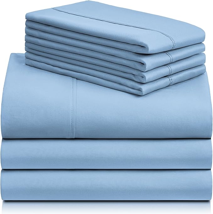 LuxClub 7 PC Split King Sheet Set, Breathable Luxury Bed Sheets, Deep Pockets 18" Eco Friendly Wrinkle Free Cooling Sheets Machine Washable Hotel Bedding Silky Soft - Sky Split King - LeafyLoom