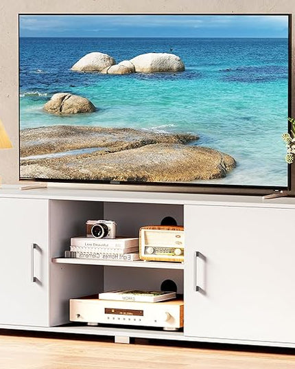 TV Stand for 55 Inch TV, Entertainment Center with Storage, 2 Cabinets, TV Console Media Cabinet with 6 Cable Holes, White TV Stand for Living Room, Bedroom - LeafyLoom