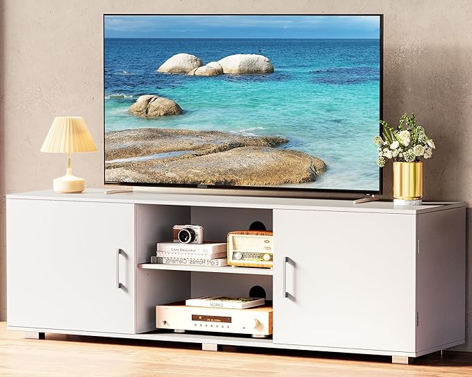 TV Stand for 55 Inch TV, Entertainment Center with Storage, 2 Cabinets, TV Console Media Cabinet with 6 Cable Holes, White TV Stand for Living Room, Bedroom - LeafyLoom