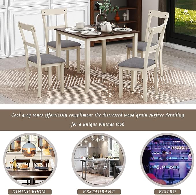 5 Piece Set Industrial Wooden Kitchen Table and 4 Chairs for Dining Room, Brown+Cottage White - LeafyLoom