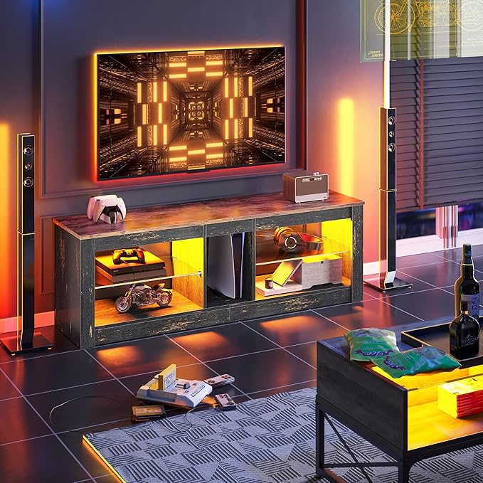 Bestier RGB TV Stand for 65+ Gaming Entertainment Center Gaming LED TV Media Console Table with 2 Glass Shelf PS Gaming TV Cabinet for Living Room, Golden Black - LeafyLoom