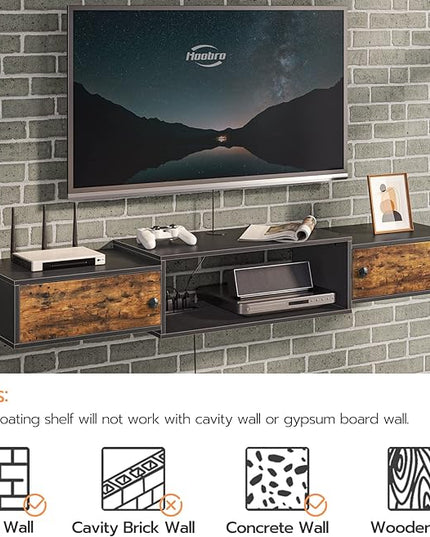 HOOBRO Floating TV Stand with Power Outlet 55", Modern Wall Mounted Media Console Shelf Cabinet for Under TV Storage, Entertainment Center, Living Room, Bedroom, Rustic Brown and Black BF11DS01 - LeafyLoom