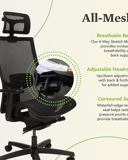 HON Ignition 2.0 Ergonomic Mesh Office Chair with Headrest - High Back Computer Desk Chair Adjustable Lumbar Support, Armrests, Seat-Depth, Synchro-Tilt Recline, 360 Swivel Rolling Wheels – Black - LeafyLoom