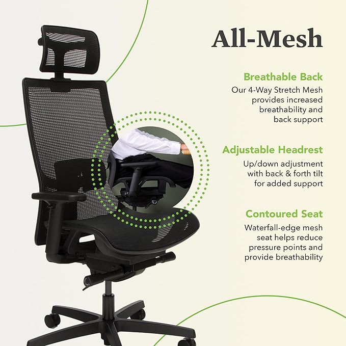 HON Ignition 2.0 Ergonomic Mesh Office Chair with Headrest - High Back Computer Desk Chair Adjustable Lumbar Support, Armrests, Seat-Depth, Synchro-Tilt Recline, 360 Swivel Rolling Wheels – Black - LeafyLoom