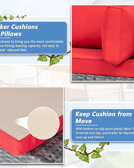 Shintenchi 5 Pieces Outdoor Patio Sectional Sofa Couch, Silver Gray PE Wicker Furniture Conversation Sets with Washable Cushions & Glass Coffee Table for Garden, Poolside, Backyard (Red) - LeafyLoom