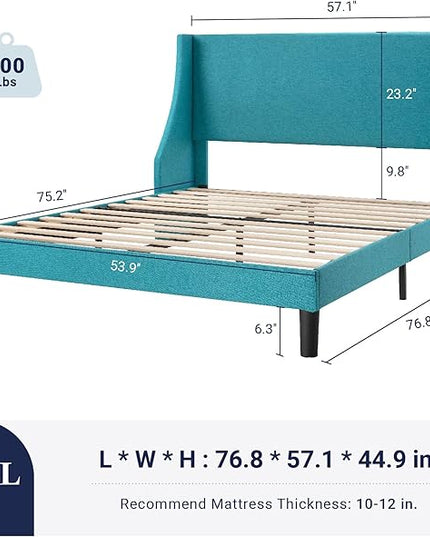 Allewie Full Size Bed Frame, Platform Bed Frame with Upholstered Headboard, Modern Deluxe Wingback, Wood Slat Support, Mattress Foundation, Peacock Green - LeafyLoom