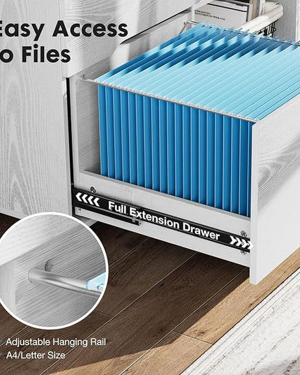 DUMOS Lateral File Cabinet with 3 Drawers Rolling Wooden Printer Stand Under Desk Storage Organizer with 4 Wheels Adjustable Shelf for Office Home, White - LeafyLoom