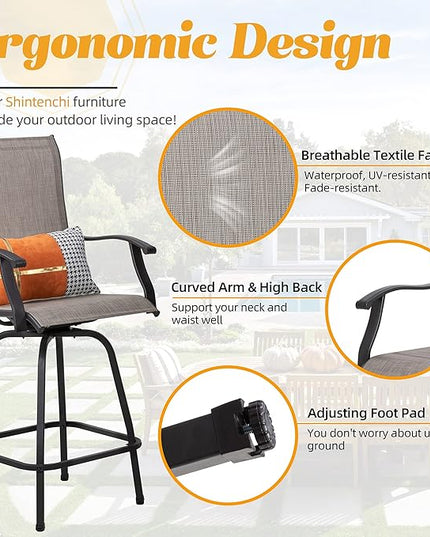 Shintenchi 5 Pieces Outdoor Swivel Bar Set, All Weather Textile Fabric Patio High Bar Stool Bistro Set with 4 Height Back Bar Chairs and Glass Table for Home, Backyard, Garden, Lawn, Porch - LeafyLoom