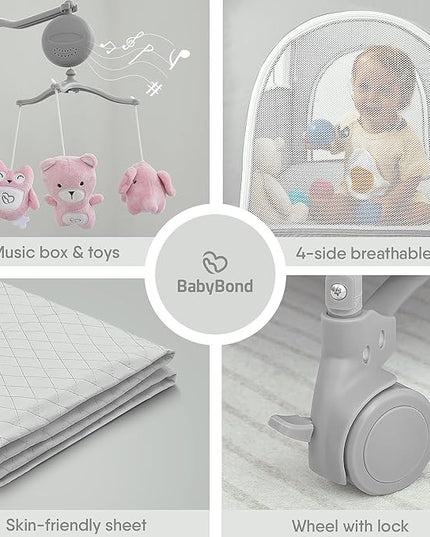 BabyBond Baby Bassinet Bedside Crib, Pack and Play with Sheet, Diaper Changing Table and Music Mobile from Newborn to Toddles, Portable Large Playard - LeafyLoom