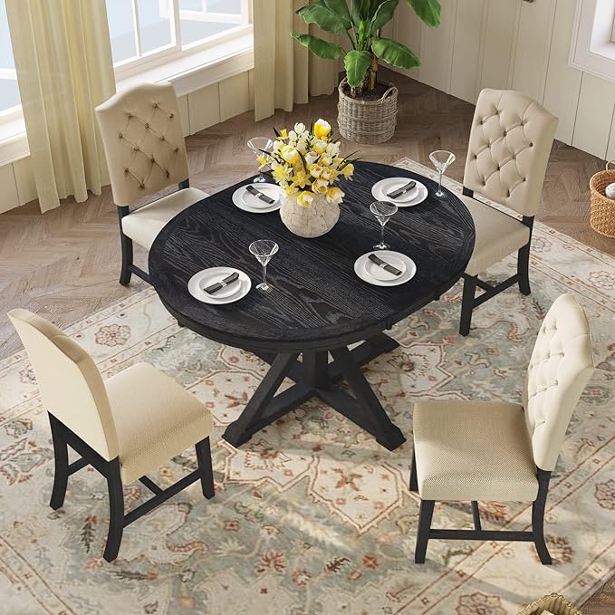 NicBex Kitchen Table Set Dining Room Table Set for 4 Retro Style Dining Table Set with Extendable Table and 4 Upholstered Chairs for Dining Room and Living Room, Espresso - LeafyLoom