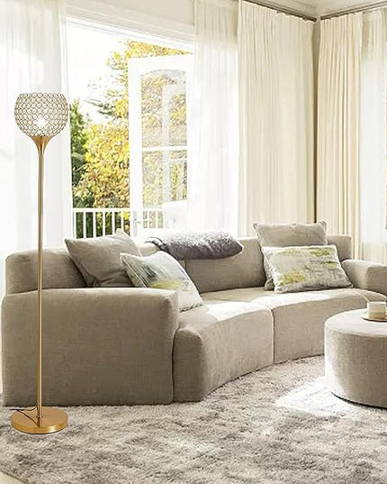 Spherical Crystal Floor Lamp, Gold 8.7 in Shade Elegant Standing Light with Crystal lamp Shade, Modern 61 in Tall Pole Lighting for Living Room, Bedroom, Office, E26 Base, LED Bulb Included - LeafyLoom