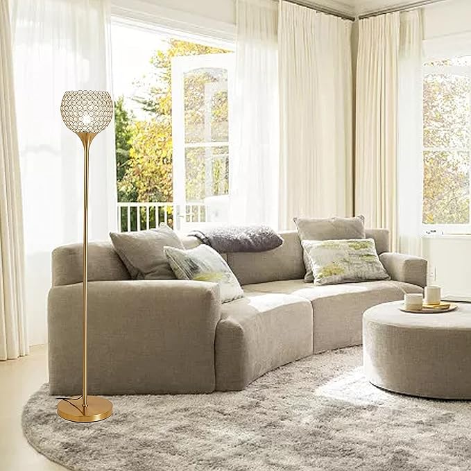 Spherical Crystal Floor Lamp, Gold 8.7 in Shade Elegant Standing Light with Crystal lamp Shade, Modern 61 in Tall Pole Lighting for Living Room, Bedroom, Office, E26 Base, LED Bulb Included - LeafyLoom