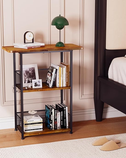 Small Bookshelf 3 Tier Small Table - Office Shelf Rustic Industrial Bookshelf, Wood and Metal Storage Shelf Stand Organizer Tall Table for Living Room, Bedroom, Office - LeafyLoom