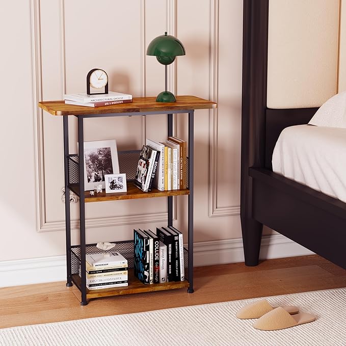 Small Bookshelf 3 Tier Small Table - Office Shelf Rustic Industrial Bookshelf, Wood and Metal Storage Shelf Stand Organizer Tall Table for Living Room, Bedroom, Office - LeafyLoom