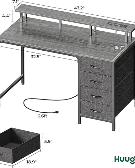47 Inch Computer Desk with Power Outlets and LED Lights, Gaming Desk with 4 Drawers, Office Desk with Monitor Stand, Study Desk Work Desk for Home Office, Small Spaces, Gray - LeafyLoom
