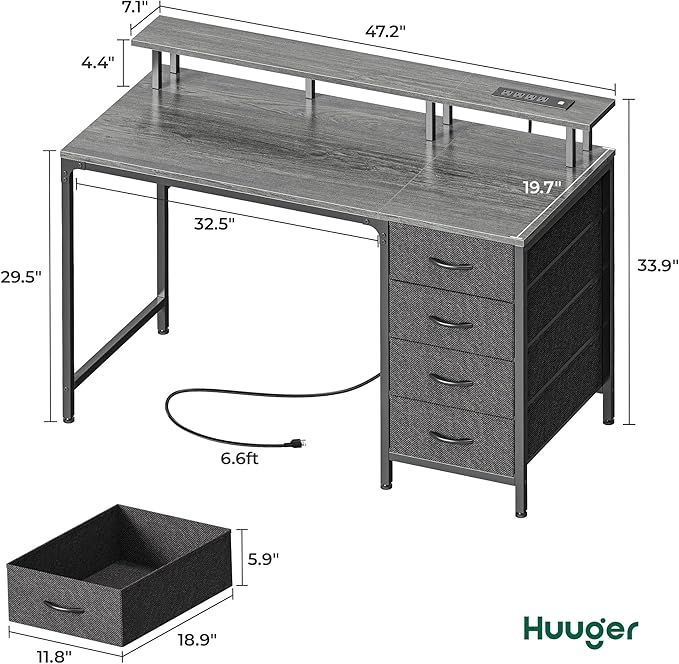 47 Inch Computer Desk with Power Outlets and LED Lights, Gaming Desk with 4 Drawers, Office Desk with Monitor Stand, Study Desk Work Desk for Home Office, Small Spaces, Gray - LeafyLoom