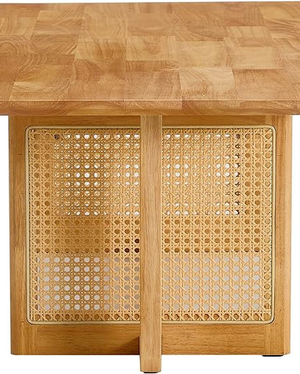 Rattan Coffee Table Rectangular Solid Wood Coffee Table with Cross Table Legs for Living Room Furniture - LeafyLoom