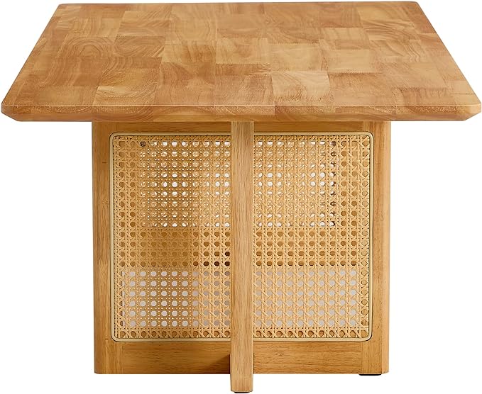 Rattan Coffee Table Rectangular Solid Wood Coffee Table with Cross Table Legs for Living Room Furniture - LeafyLoom