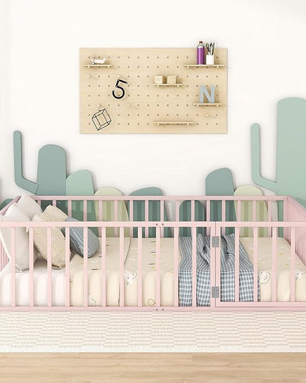 RITSU Queen Size Metal Floor Fence Bed, Montessori Bedframe, with Safety Guardrail and Door, for Children Bedroom, Boys Girls, Apartment, Strong & Durable, Easy to Assemble, Pink - LeafyLoom