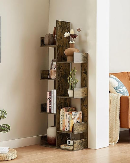 VECELO Tree Bookshelf, Geometric 8 Shelf Tree Bookcase Wood Bookshelves Display,Tree-Shaped Shelf Racks Organizer for Books,Magazines,CDs and Decors for LivingRoom Bedroom Studyroom Home Office,Brown - LeafyLoom