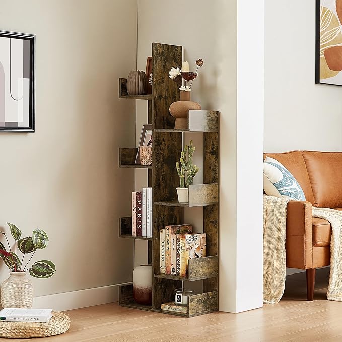 VECELO Tree Bookshelf, Geometric 8 Shelf Tree Bookcase Wood Bookshelves Display,Tree-Shaped Shelf Racks Organizer for Books,Magazines,CDs and Decors for LivingRoom Bedroom Studyroom Home Office,Brown - LeafyLoom