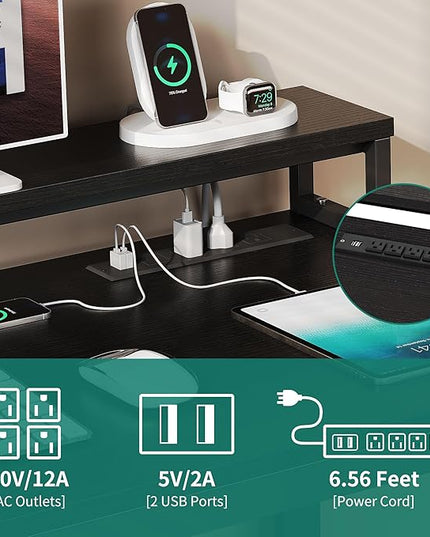 YITAHOME L Shaped Desk with 3 Drawers, 55" Corner Computer Desk with Power Outlets & LED Lights, L-Shaped Desk with File Cabinet for Home Office, Black - LeafyLoom