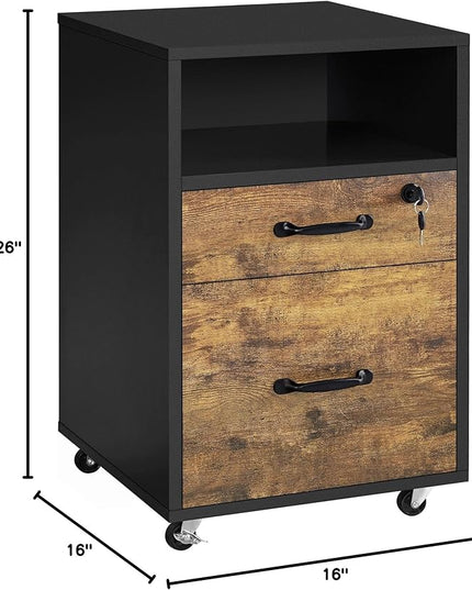 Yaheetech File Cabinet, Under Desk Vertical Cabinet With 2 Drawers and Open Compartment, Printer Stand with Lockable Wheels for A4 Letter Size Hangable File Folders for Home Office(Black/Rustic Brown) - LeafyLoom