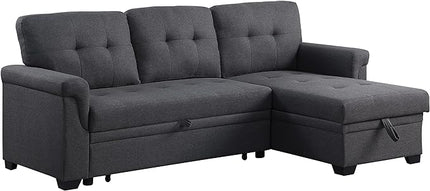 L-Shape Sectional Sleeper Couches with Chaise Storage and Pull, 84 inch 3 Seater Sofa Bed w/Tufted Linen Backrest for Living Spaces Apartment Dorm, Gray, 84inch, Dark Grey-4 - LeafyLoom