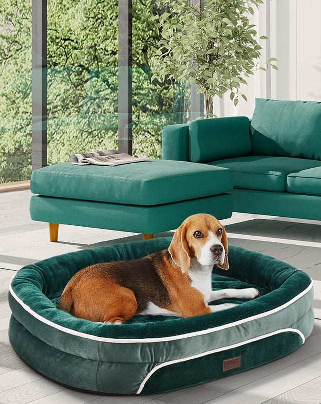 OhGeni Orthopedic Dog Bed Couch for Large Sized Pets with Egg Foam Support, Four-Sided Bolster Cushions, Soft Tear-Resistant Fabric, and Removable Machine Washable Plush Cover 35-Inch (Dark Green) OhGeni