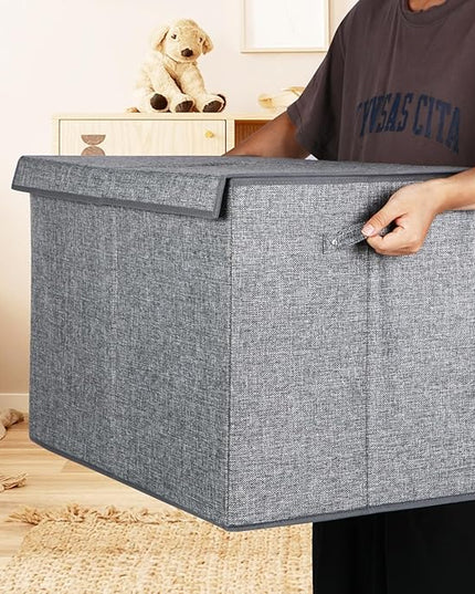 popoly 122L Large Toy Box Chest with Lid, Foldable Toy Storage Organizer Bin Boxes with Removable Divider for Kids, Boys, Girls, Nursery, Playroom, 26"x17" x17"(Linen Gray) - LeafyLoom